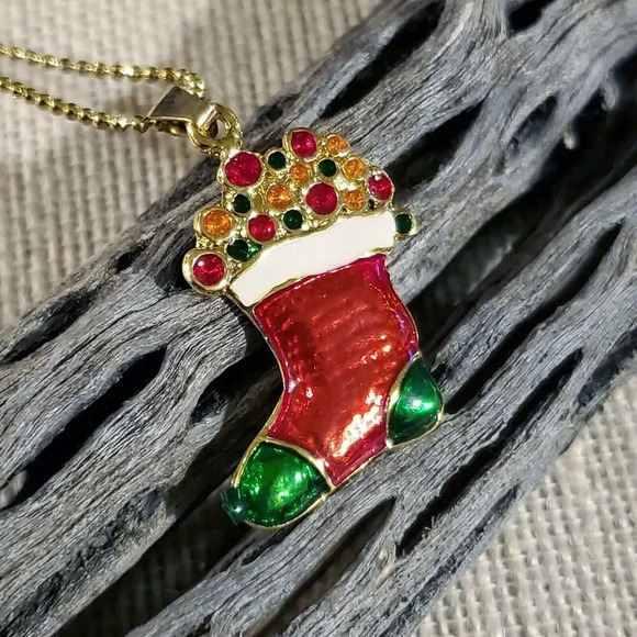 Christmas Stocking Red Green Gold Enamel Holiday Pendant Necklace - Picture 1 of 6
